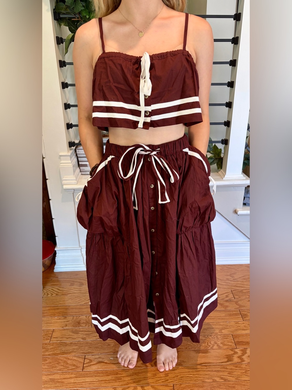 Free People Chocolate Brown Two Piece Crop Top Maxi Skirt Set XS NWT